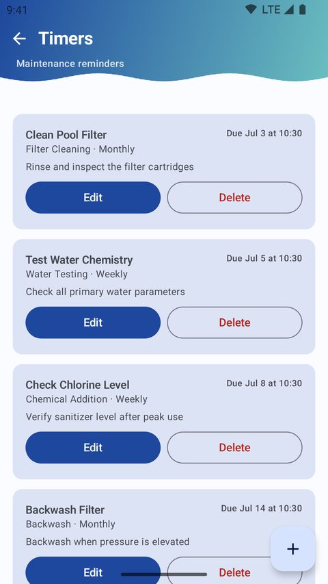 Timers screen listing upcoming maintenance reminders including filter cleaning and water testing