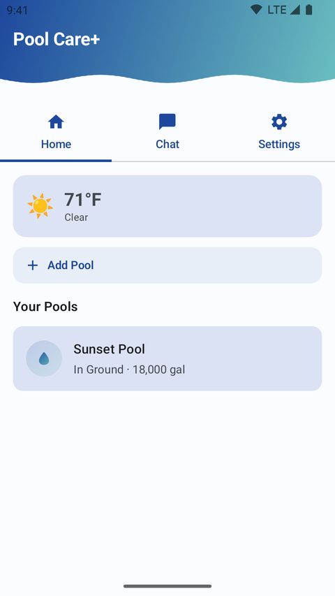 Pool Care+ home screen showing current weather and a list of the user's pools